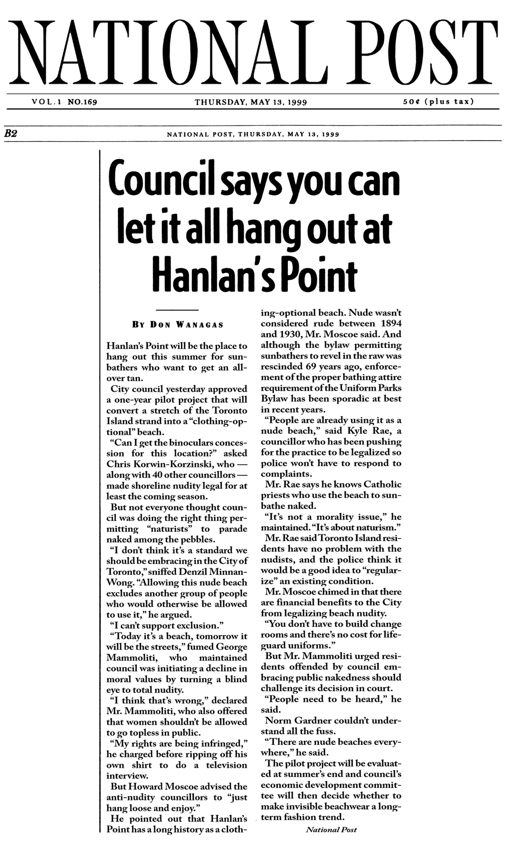 National Post 1999-05-13 pB2 - Simm convinces Toronto Council to create official Clothing-Optional Zone at Hanlan’s Point